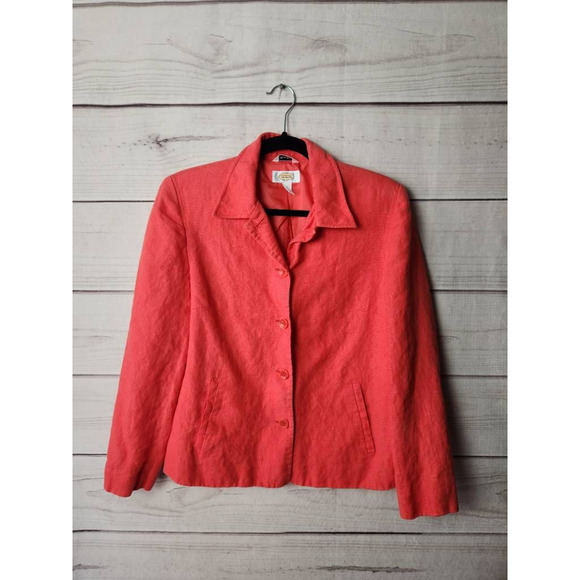 Talbots Womens Shacket Jacket Pink Coral Irish Linen Button Up Pockets Collar 8 - Picture 1 of 7